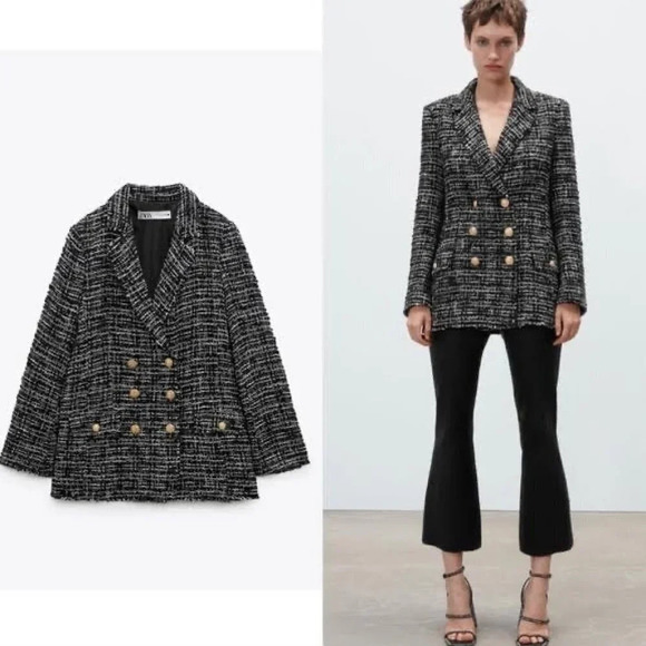 NWT Zara | Blogger Fav Double Breasted Textured Tweed Blazer Jacket - Size M - Picture 1 of 12
